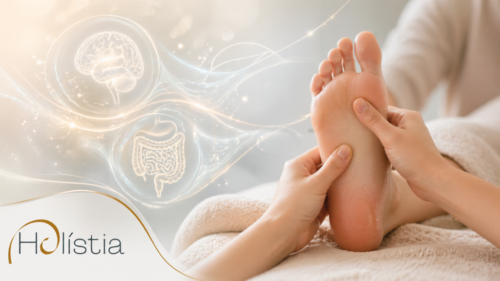 A reflexologia aparece aqui como um cuidado integrativo, suave e não invasivo, capaz de favorecer relaxamento, equilíbrio neurovegetativo e bem-estar emocional. A composição visual traduz a conexão entre toque terapêutico, sistema nervoso e eixo intestino-cérebro, tema central deste artigo sobre reflexologia e depressão.